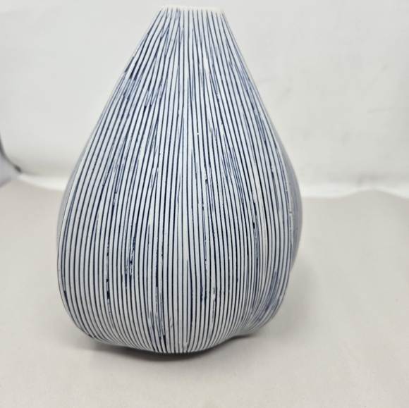 Vase Blue & White Strip Ceramic Unique Shape Modern Timeless Universal Aesthetic - Picture 2 of 8
